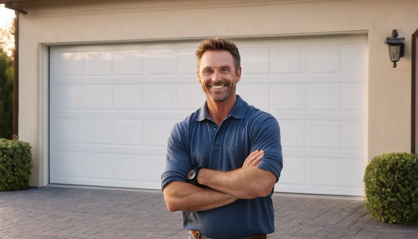 A friendly provider finishing a new garage door installation on a suburban home in the Lebanon area